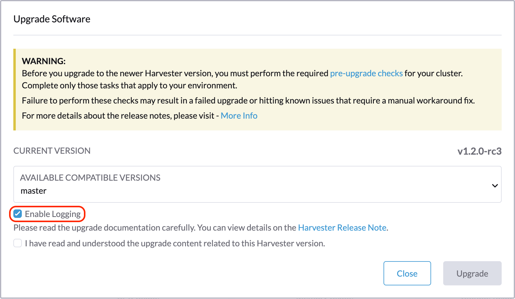 The &quot;Enable Logging&quot; checkbox on the upgrade confirmation dialog